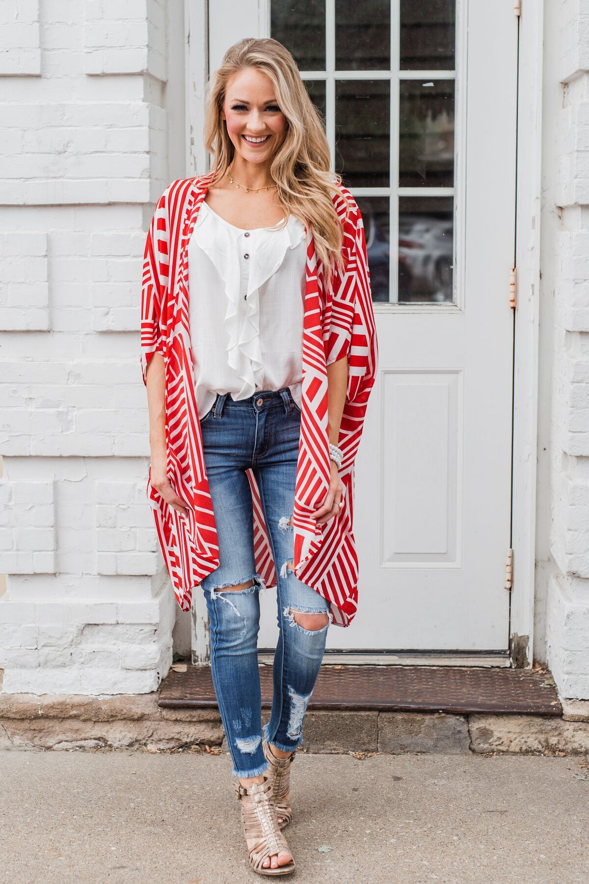 Radiant in Red Short Sleeve Kimono- Ivory