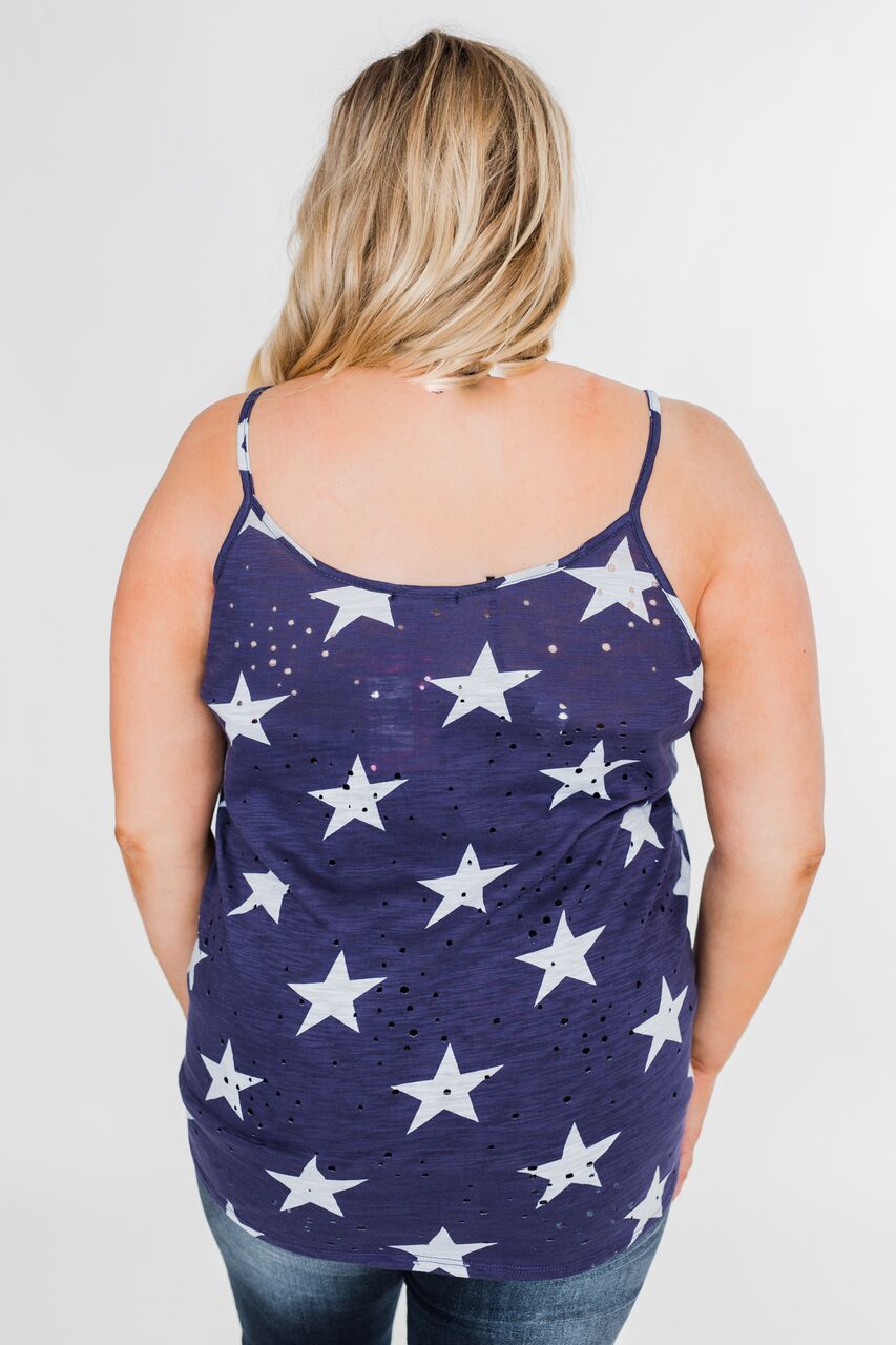 Distressed Star Tie Tank Top- Blue