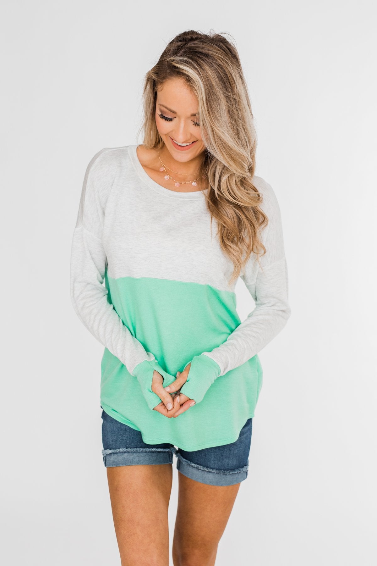 Color Block Thumb Hole Top- Mint