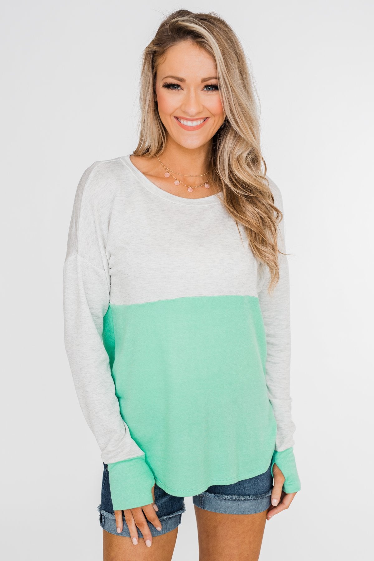 Color Block Thumb Hole Top- Mint
