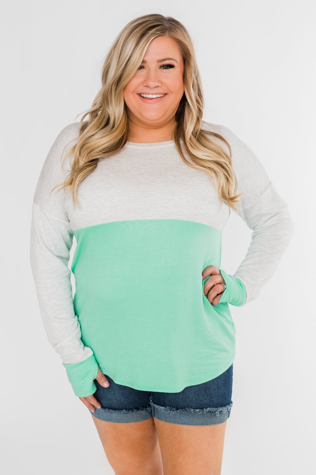 Color Block Thumb Hole Top- Mint