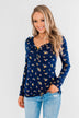 Work of Art Long Sleeve Floral Henley- Navy