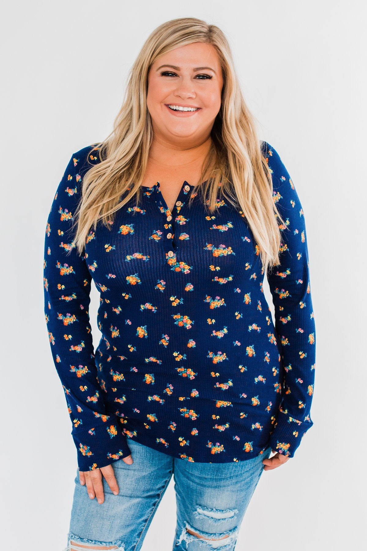 Work of Art Long Sleeve Floral Henley- Navy