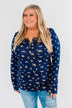Work of Art Long Sleeve Floral Henley- Navy