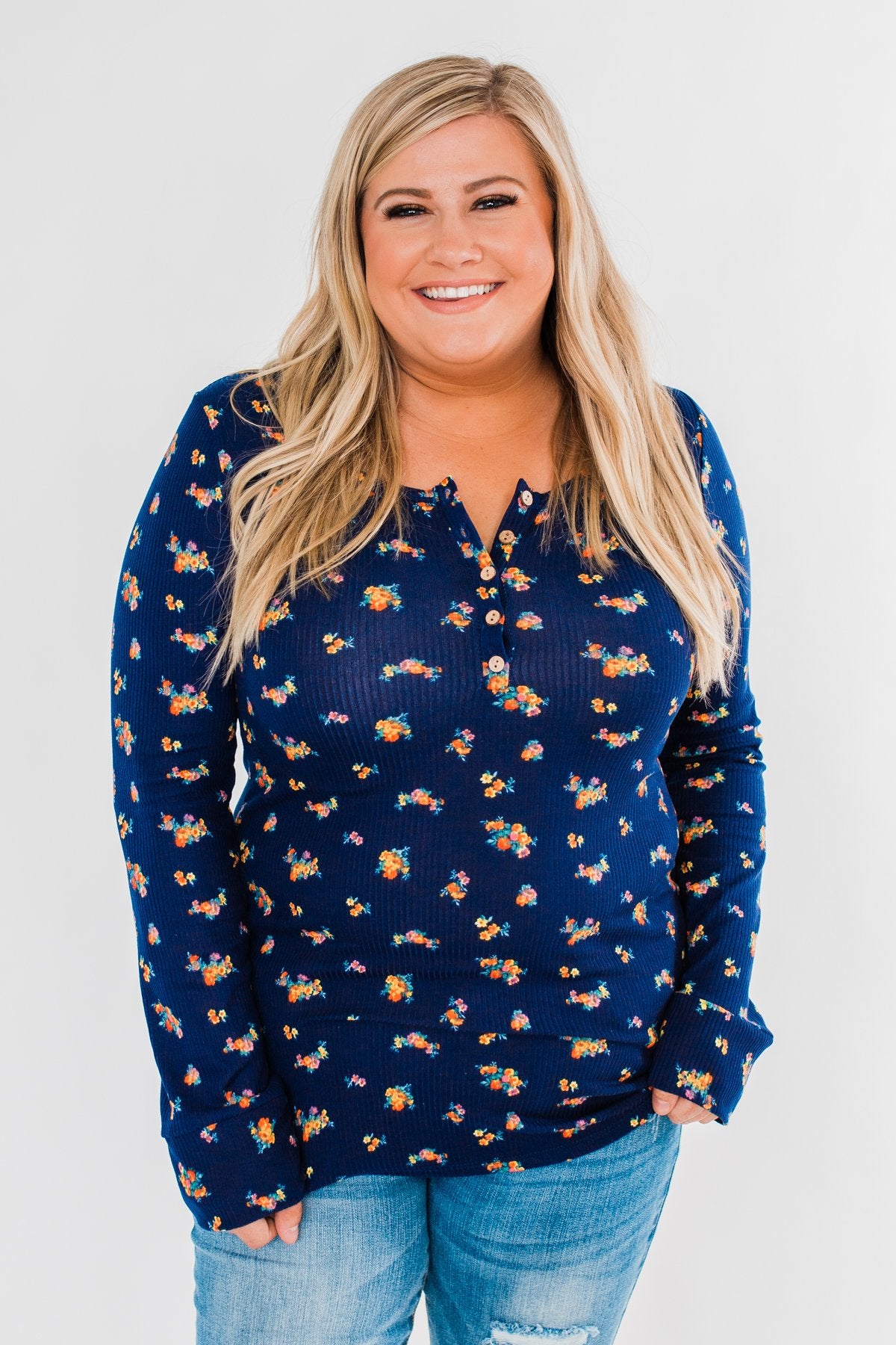 Work of Art Long Sleeve Floral Henley- Navy