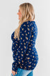 Work of Art Long Sleeve Floral Henley- Navy