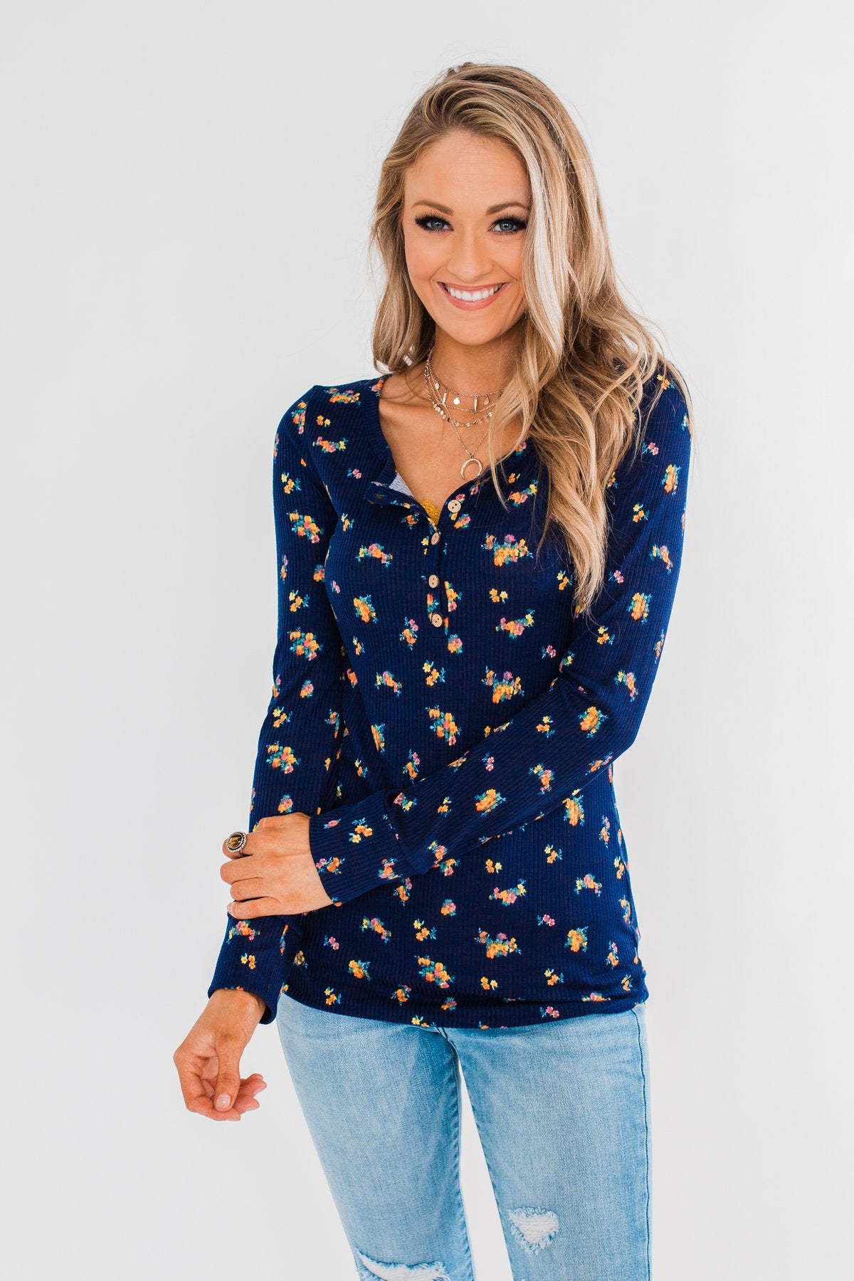 Work of Art Long Sleeve Floral Henley- Navy