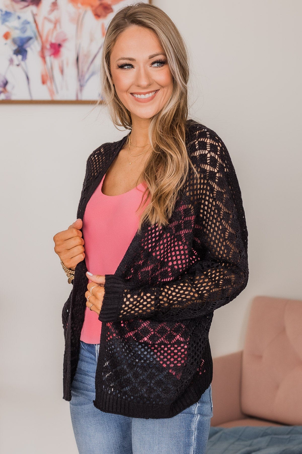 Sweetest Love Open Knit Cardigan Black The Pulse Boutique