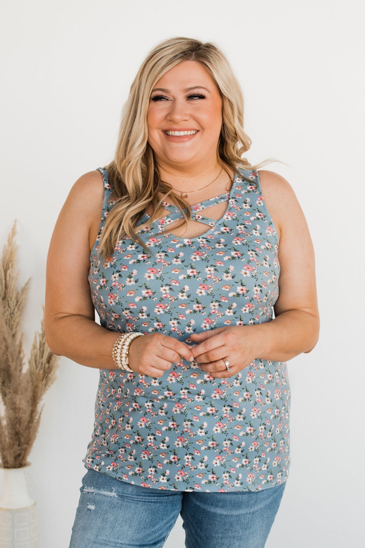 Sunny Smiles Floral Criss-Cross Tank Top- Denim Blue