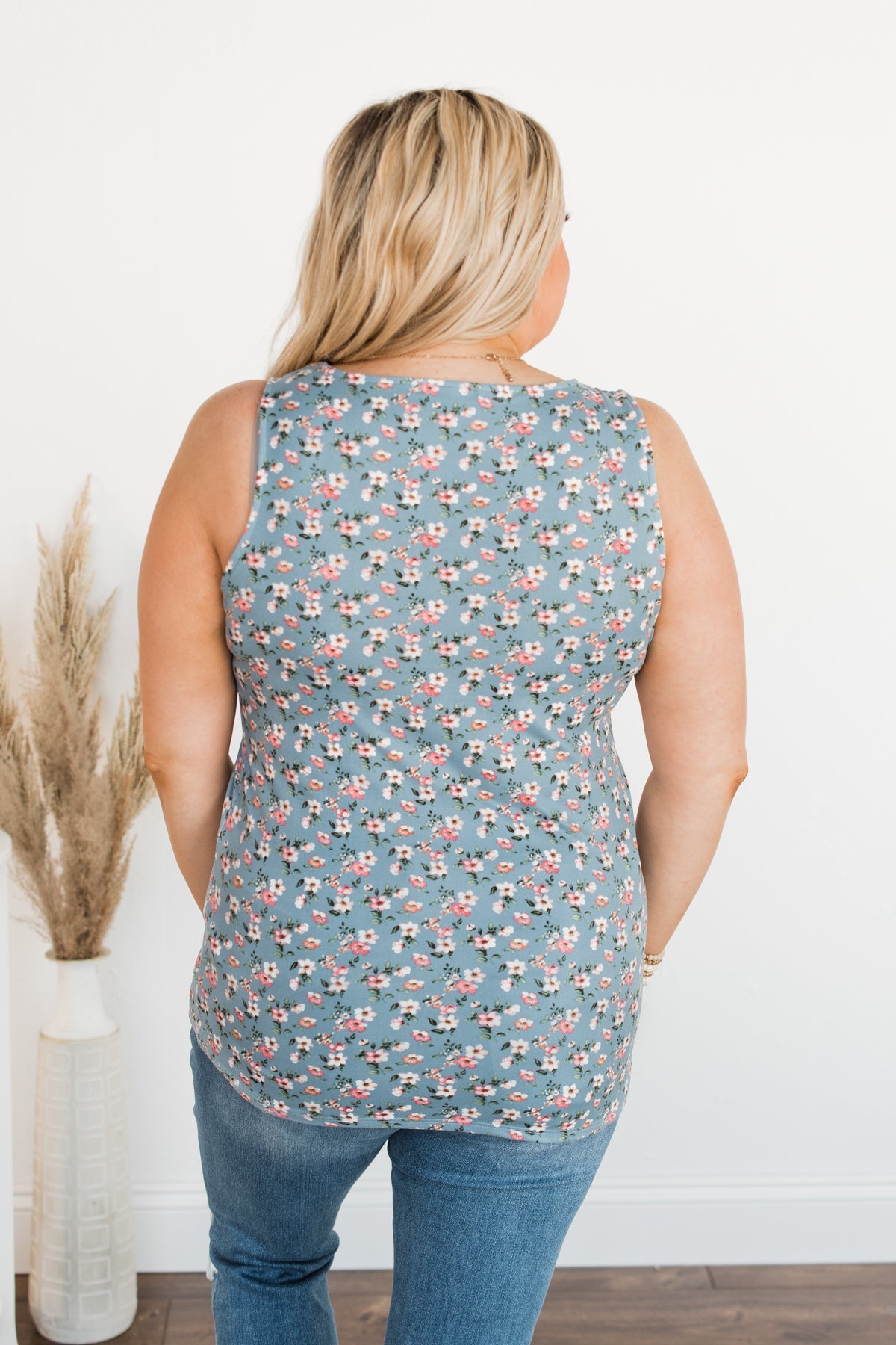 Sunny Smiles Floral Criss-Cross Tank Top- Denim Blue