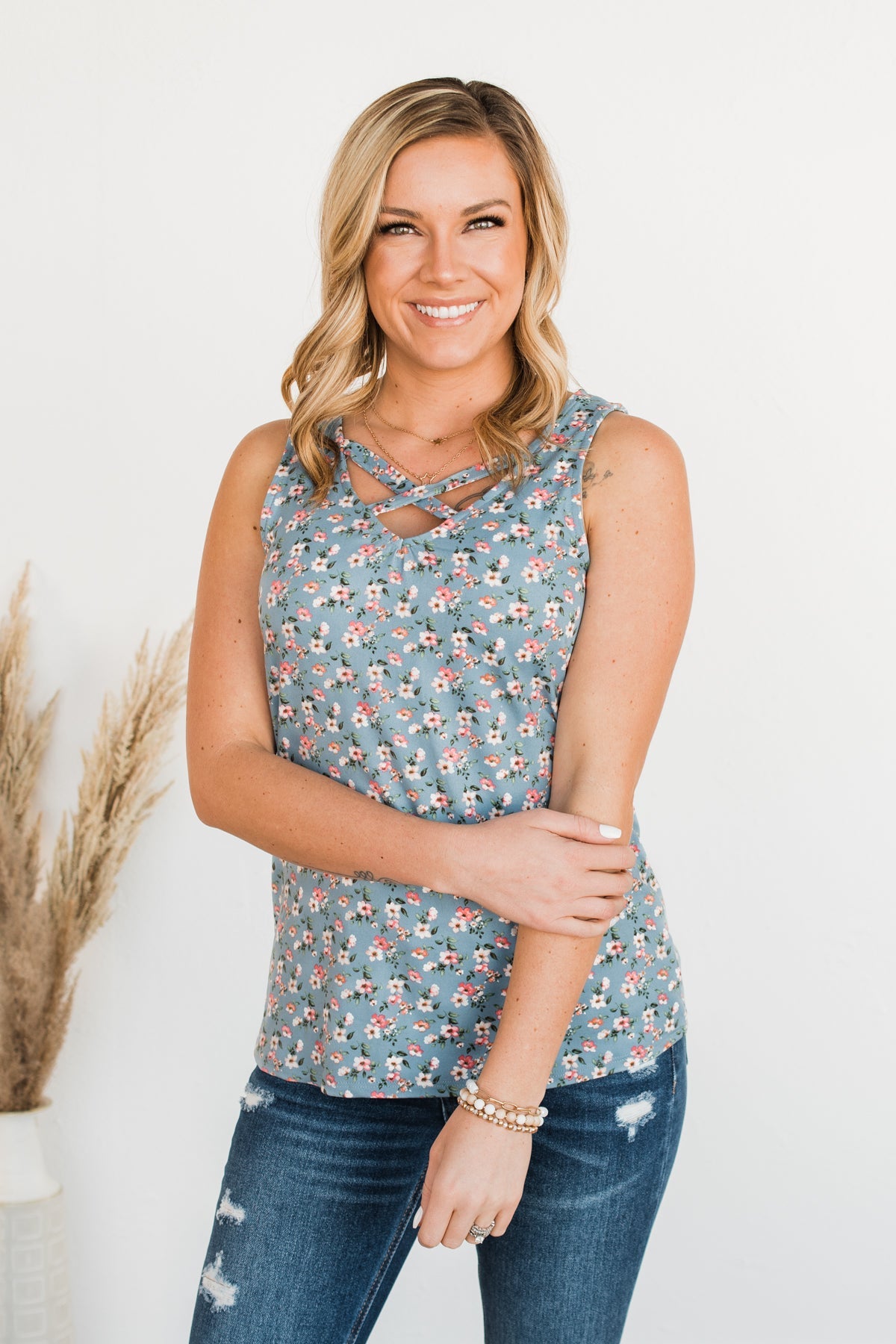 Sunny Smiles Floral Criss-Cross Tank Top- Denim Blue