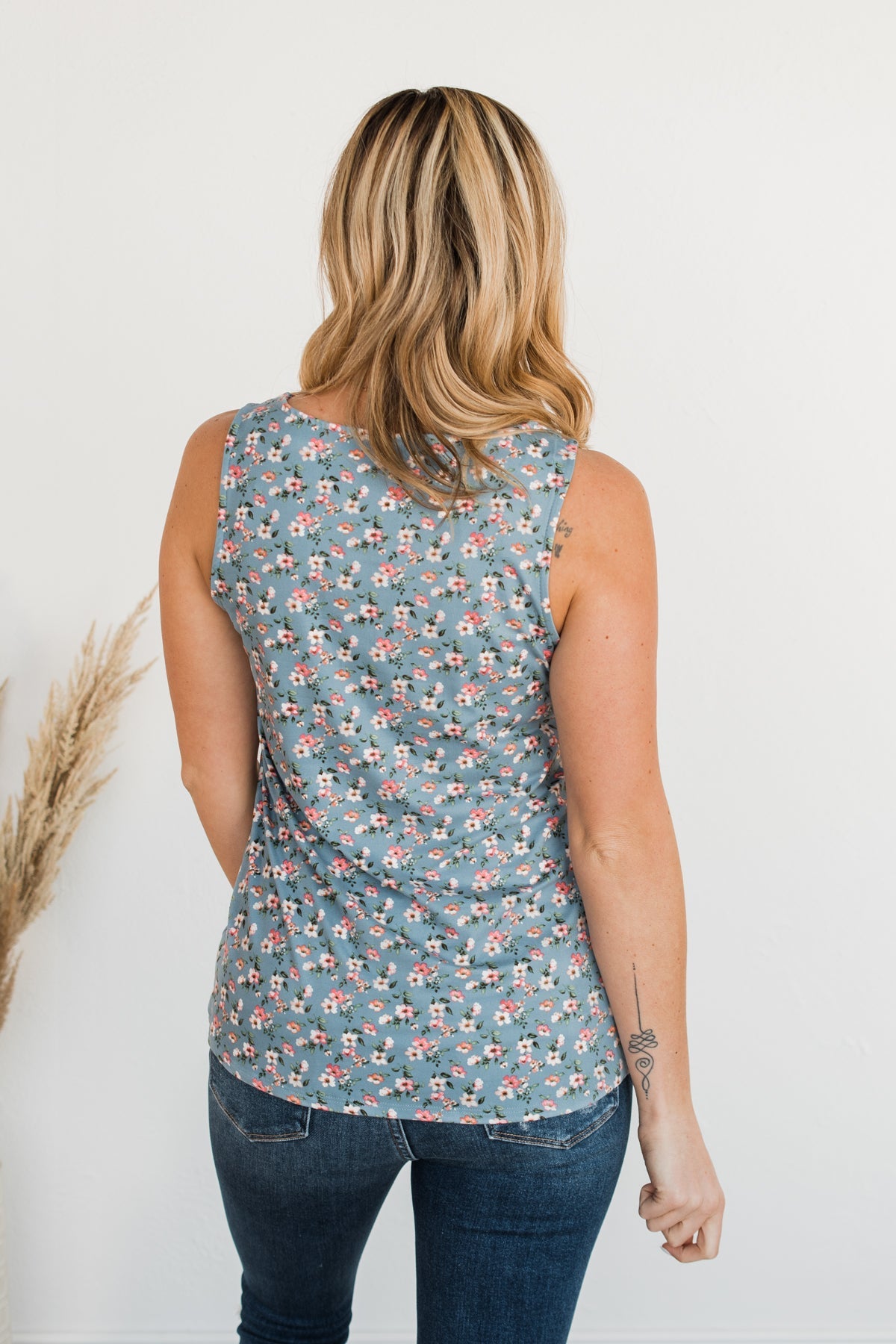 Sunny Smiles Floral Criss-Cross Tank Top- Denim Blue