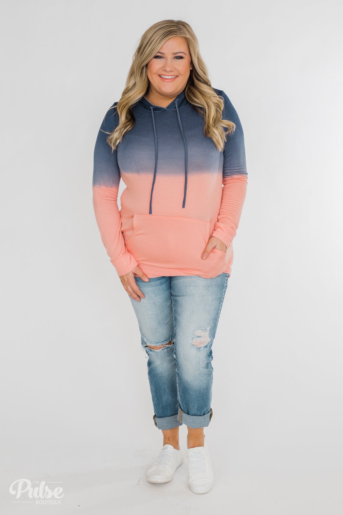Long Sleeve Ombré Hoodie- Navy & Peach