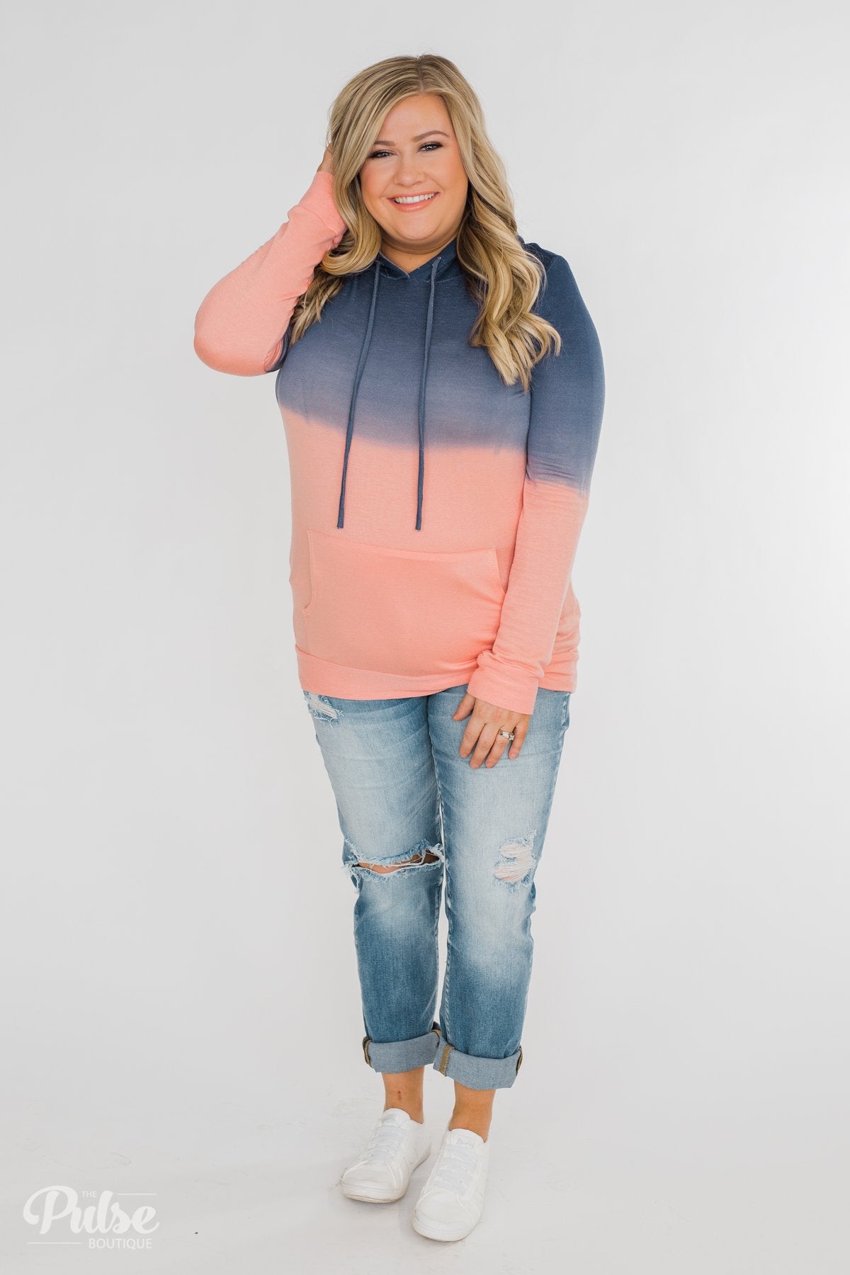 Long Sleeve Ombré Hoodie- Navy & Peach