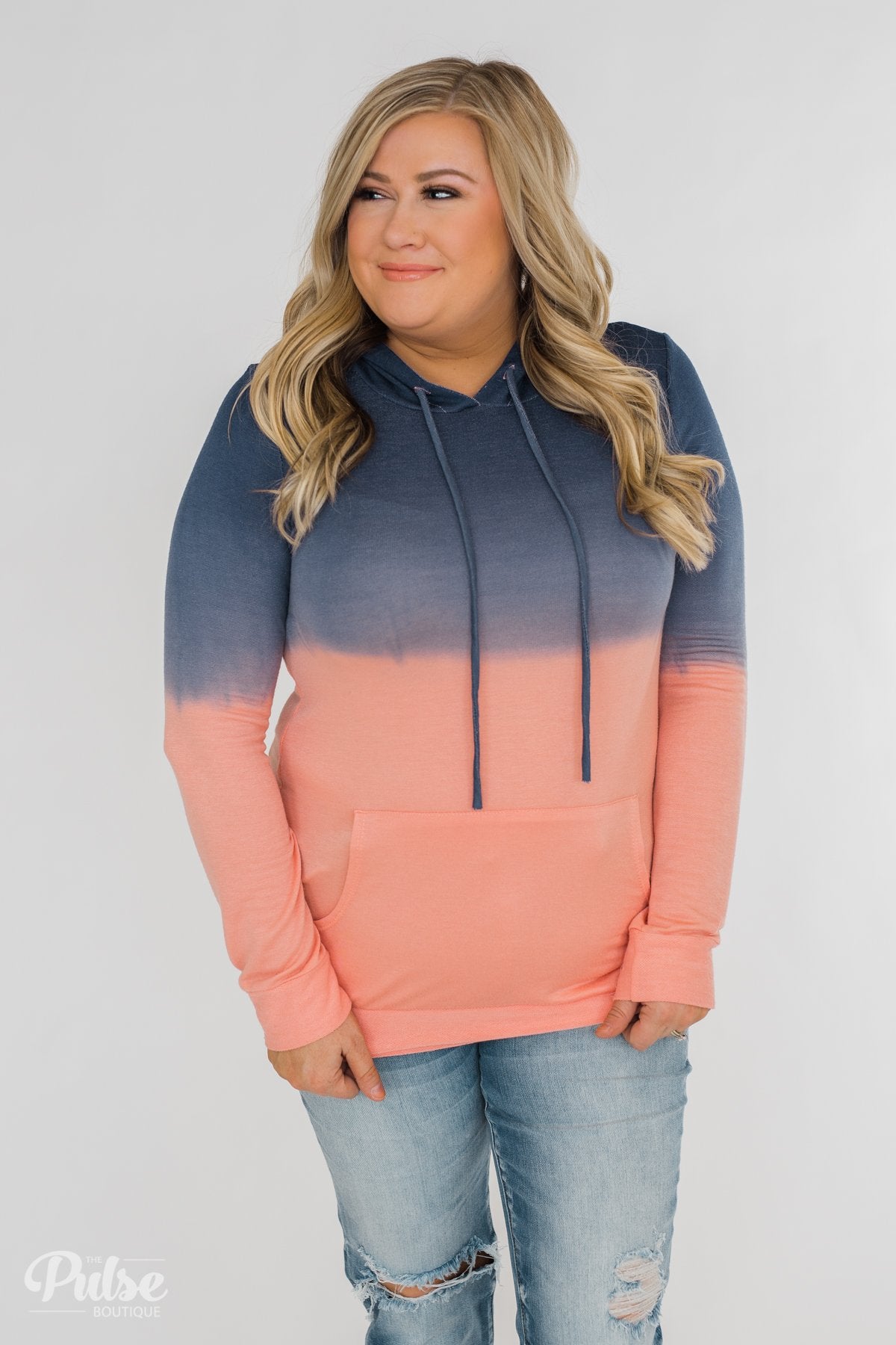 Long Sleeve Ombré Hoodie- Navy & Peach