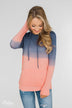 Long Sleeve Ombré Hoodie- Navy & Peach