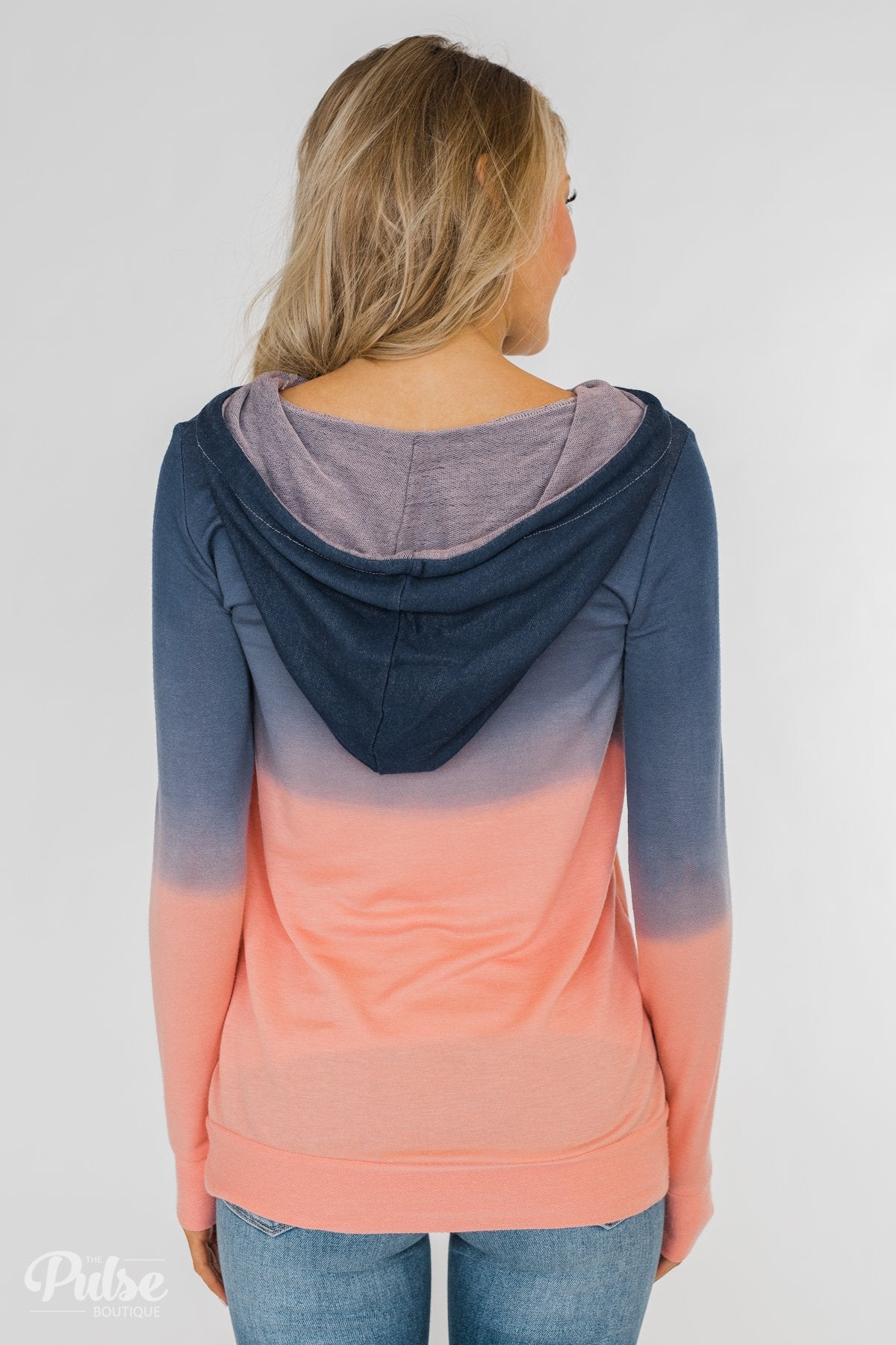 Long Sleeve Ombré Hoodie- Navy & Peach