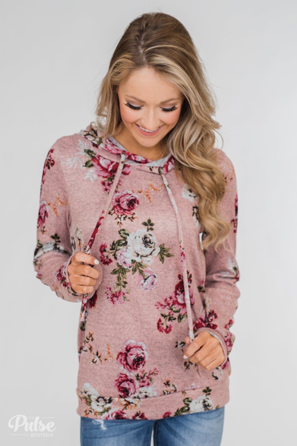 Catching Your Eye Floral Elbow Patch Hoodie- Pink