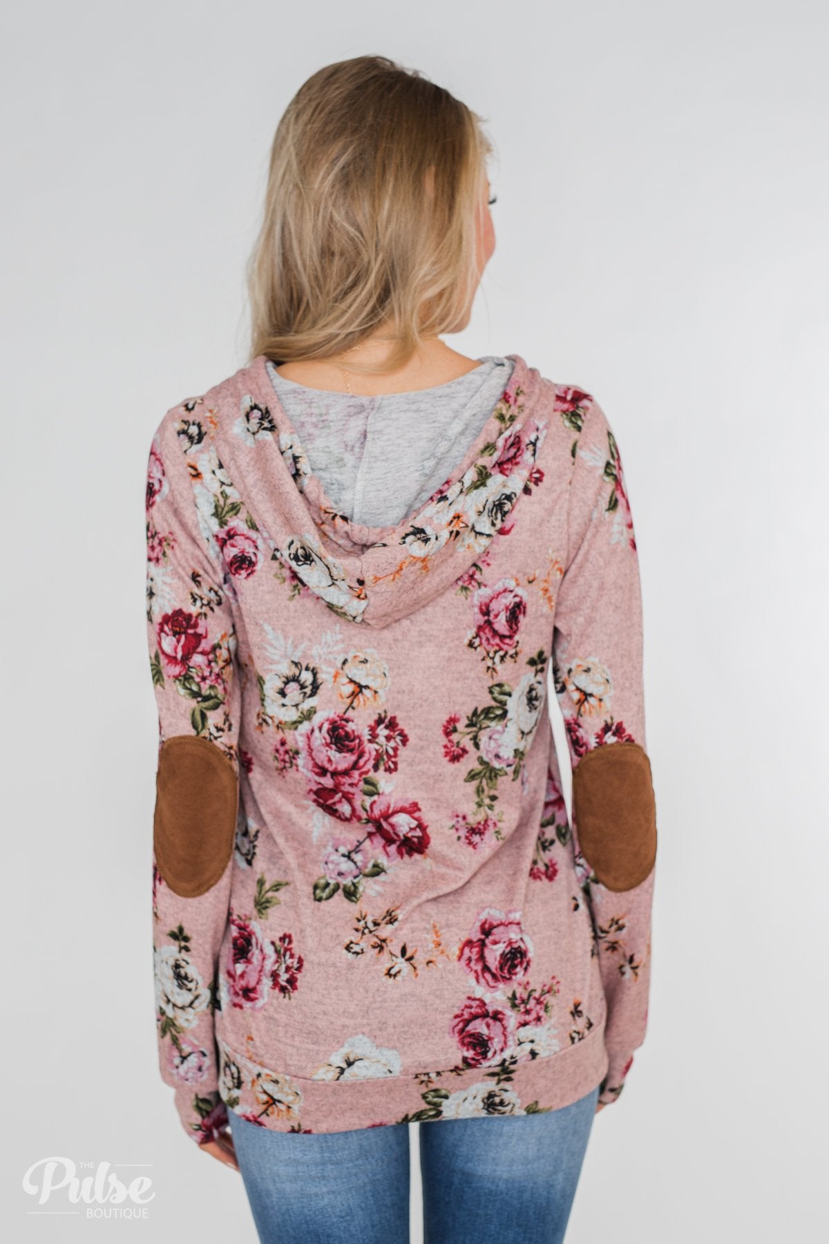 Catching Your Eye Floral Elbow Patch Hoodie- Pink