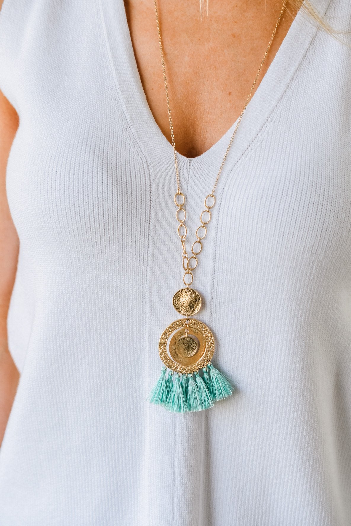 Round Pendant & Tassel Gold Necklace- Mint Blue