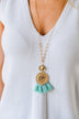 Round Pendant & Tassel Gold Necklace- Mint Blue