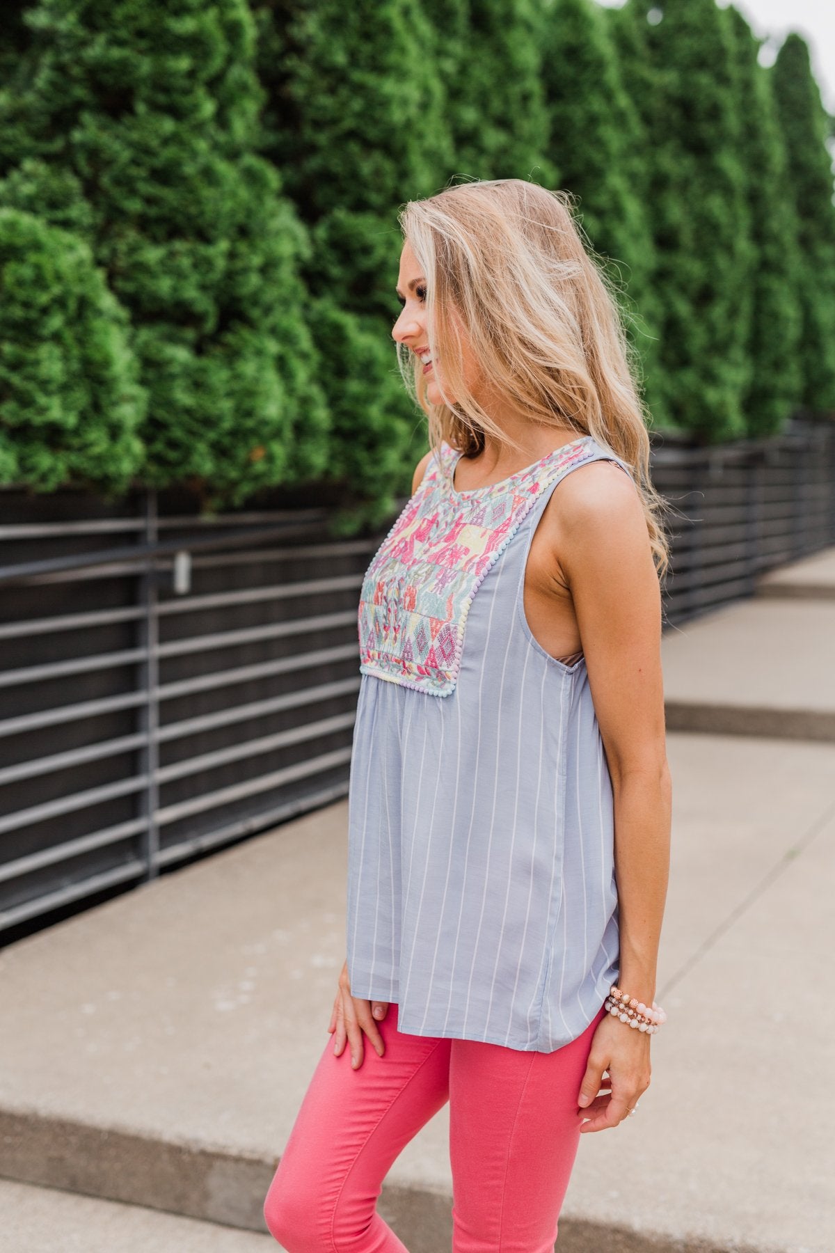 Detailed Embroider & Striped Tank Top- Light Blue