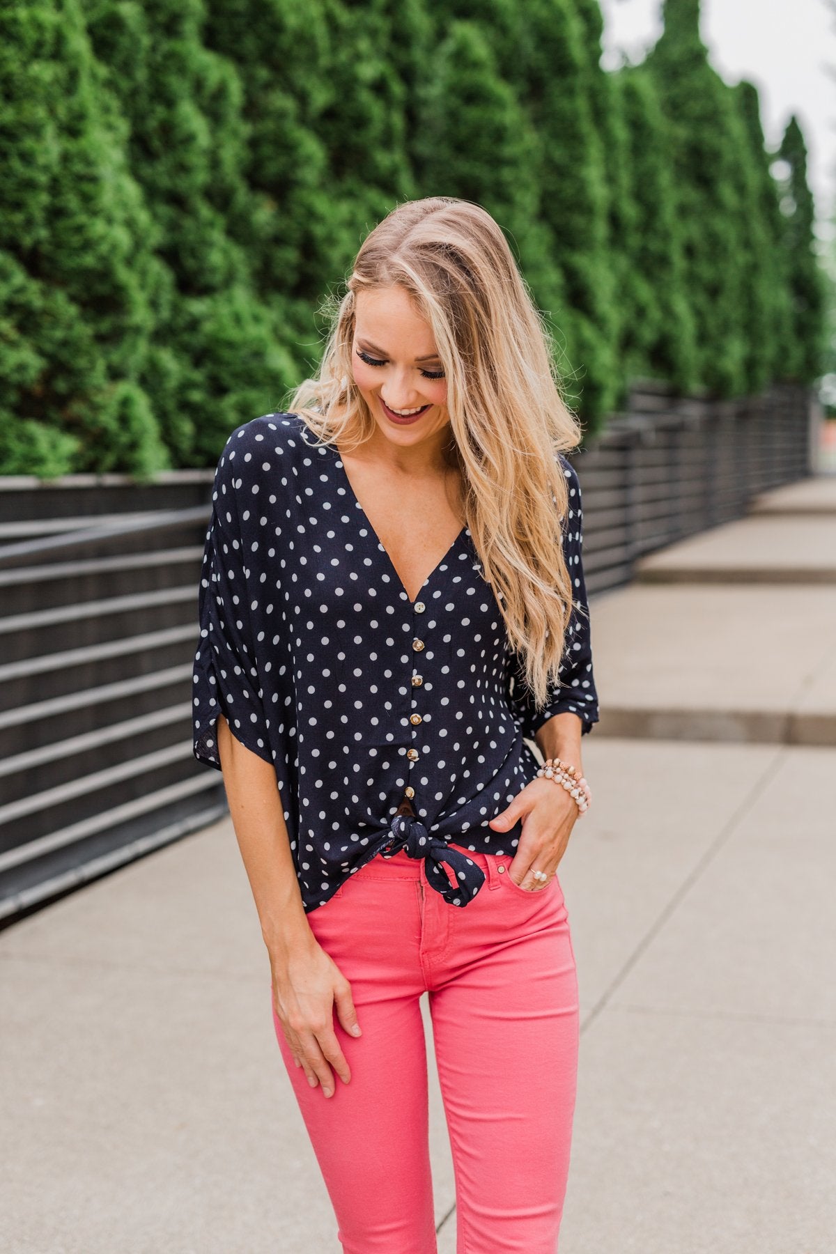 Polka dot front tie top outlet
