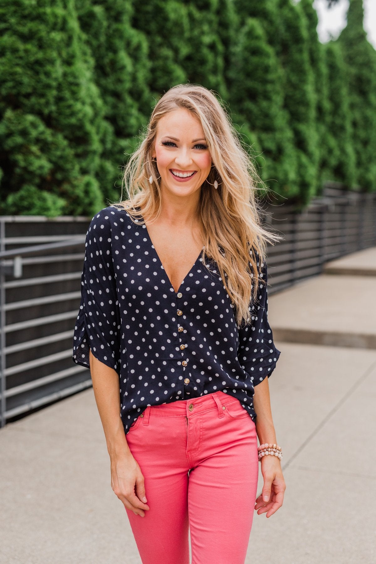 Endless Smiles Front Tie Polka Dot Top- Navy