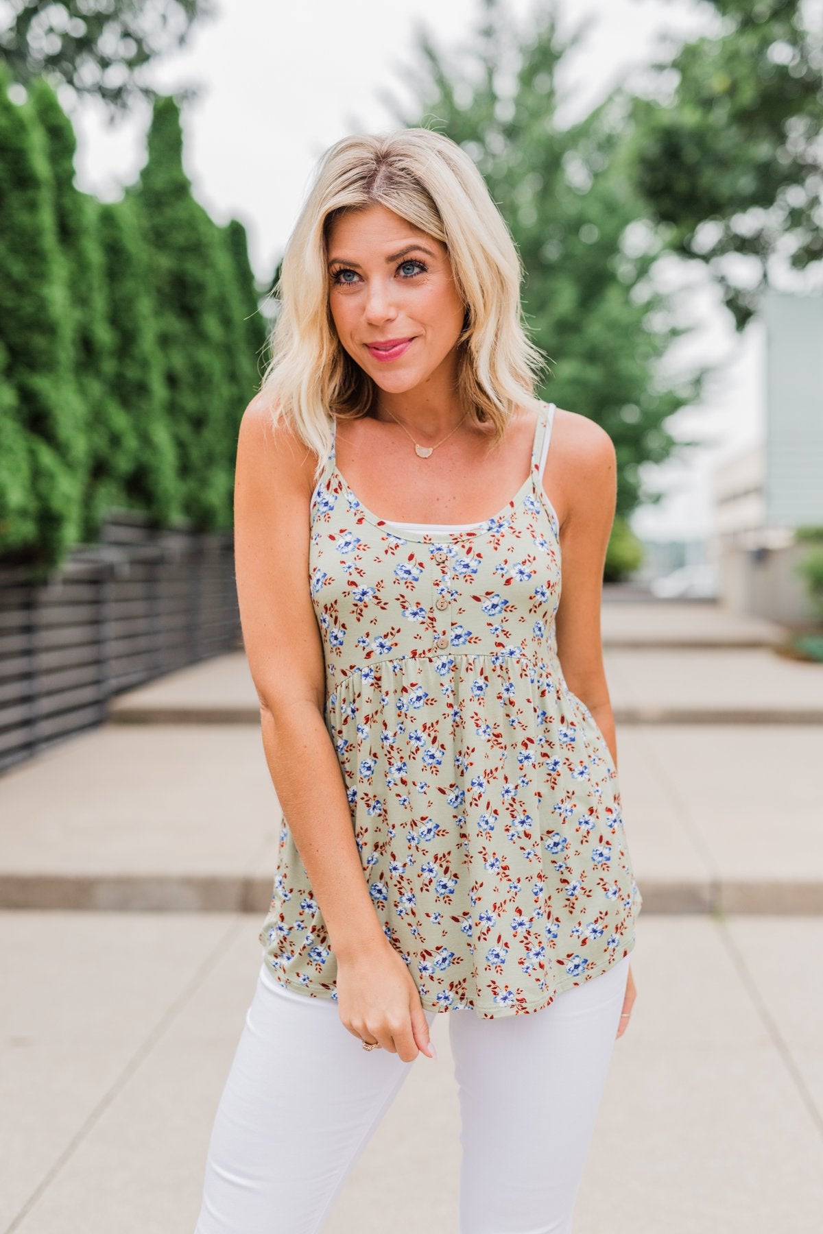 Be My Baby 3 Button Floral Babydoll Tank Top- Sage