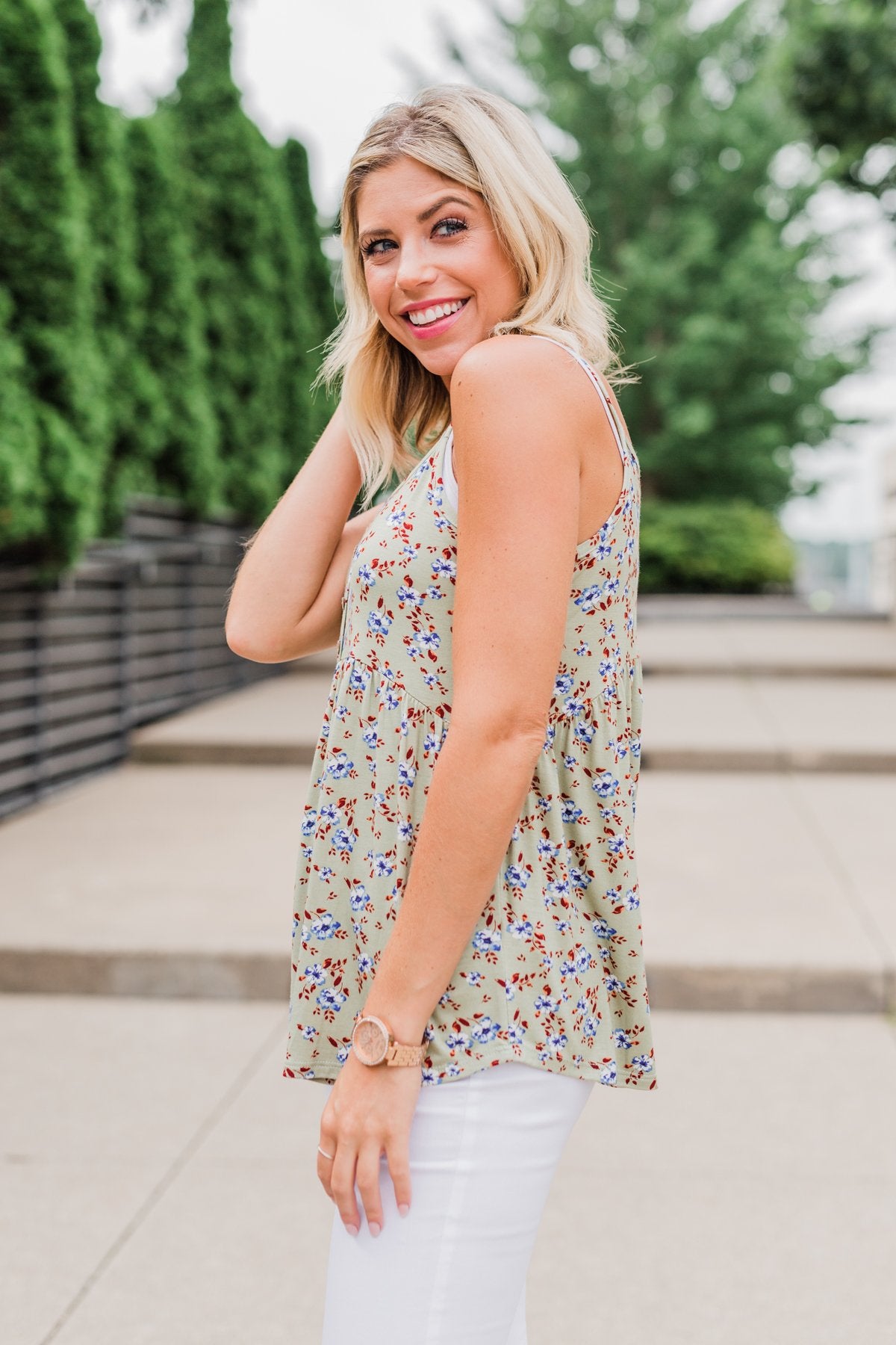 Be My Baby 3 Button Floral Babydoll Tank Top- Sage