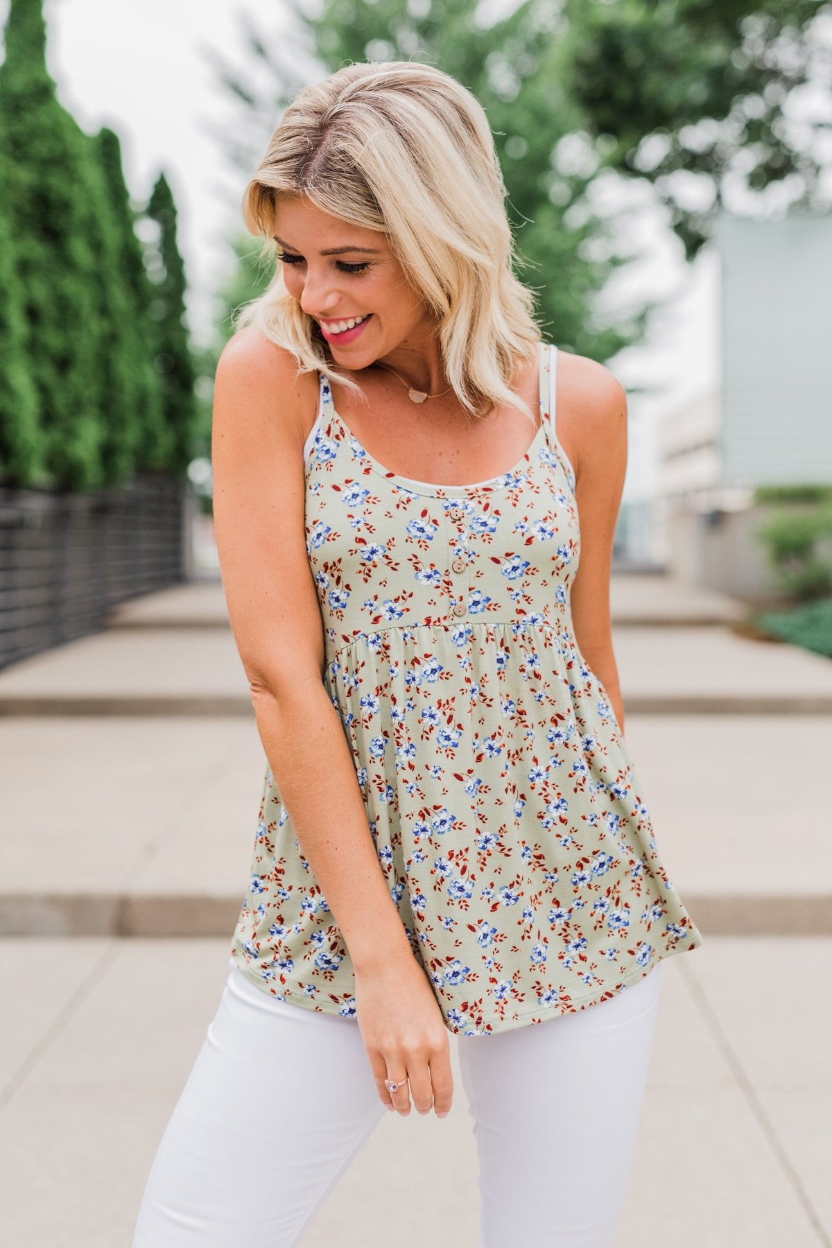 Be My Baby 3 Button Floral Babydoll Tank Top- Sage