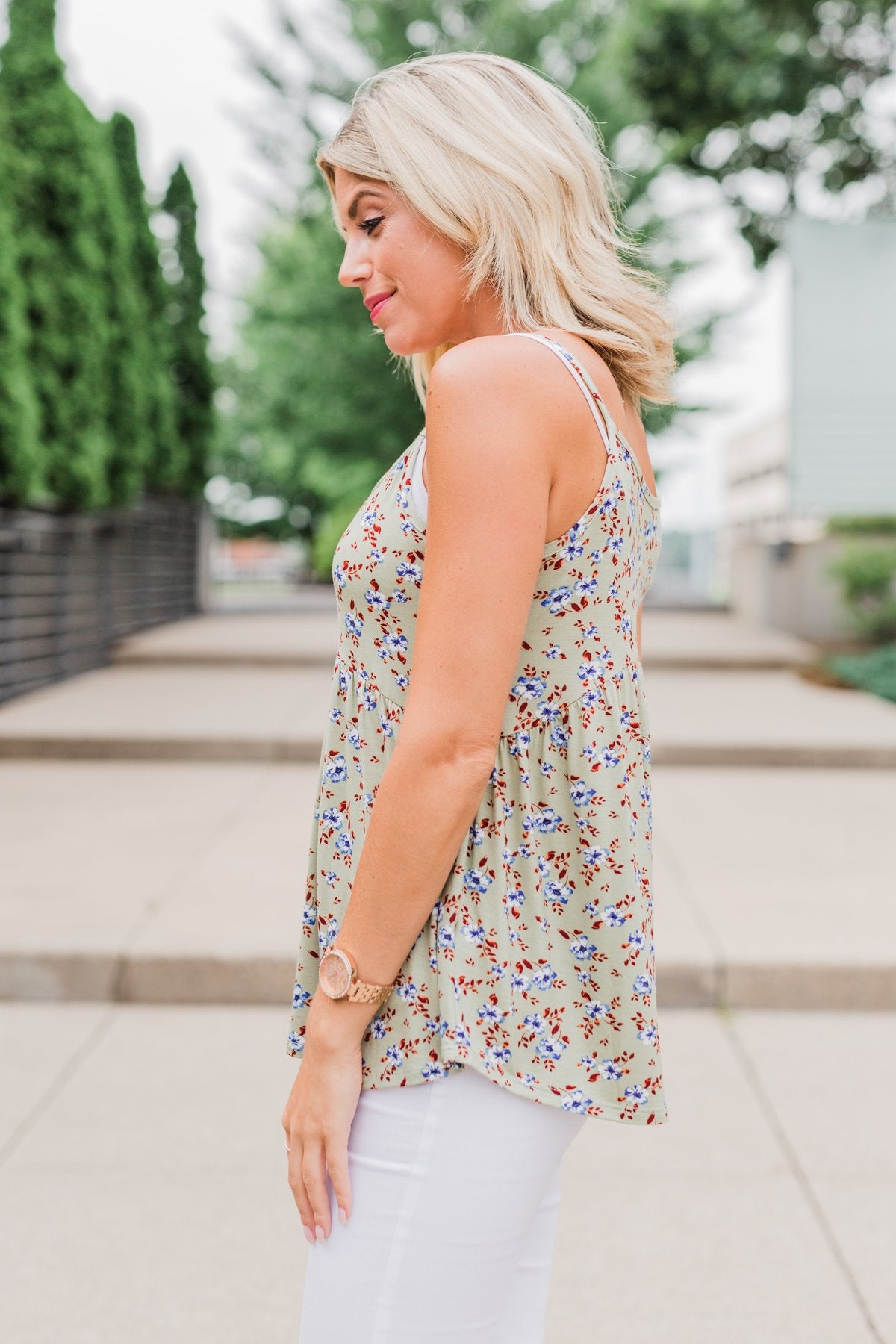 Be My Baby 3 Button Floral Babydoll Tank Top- Sage