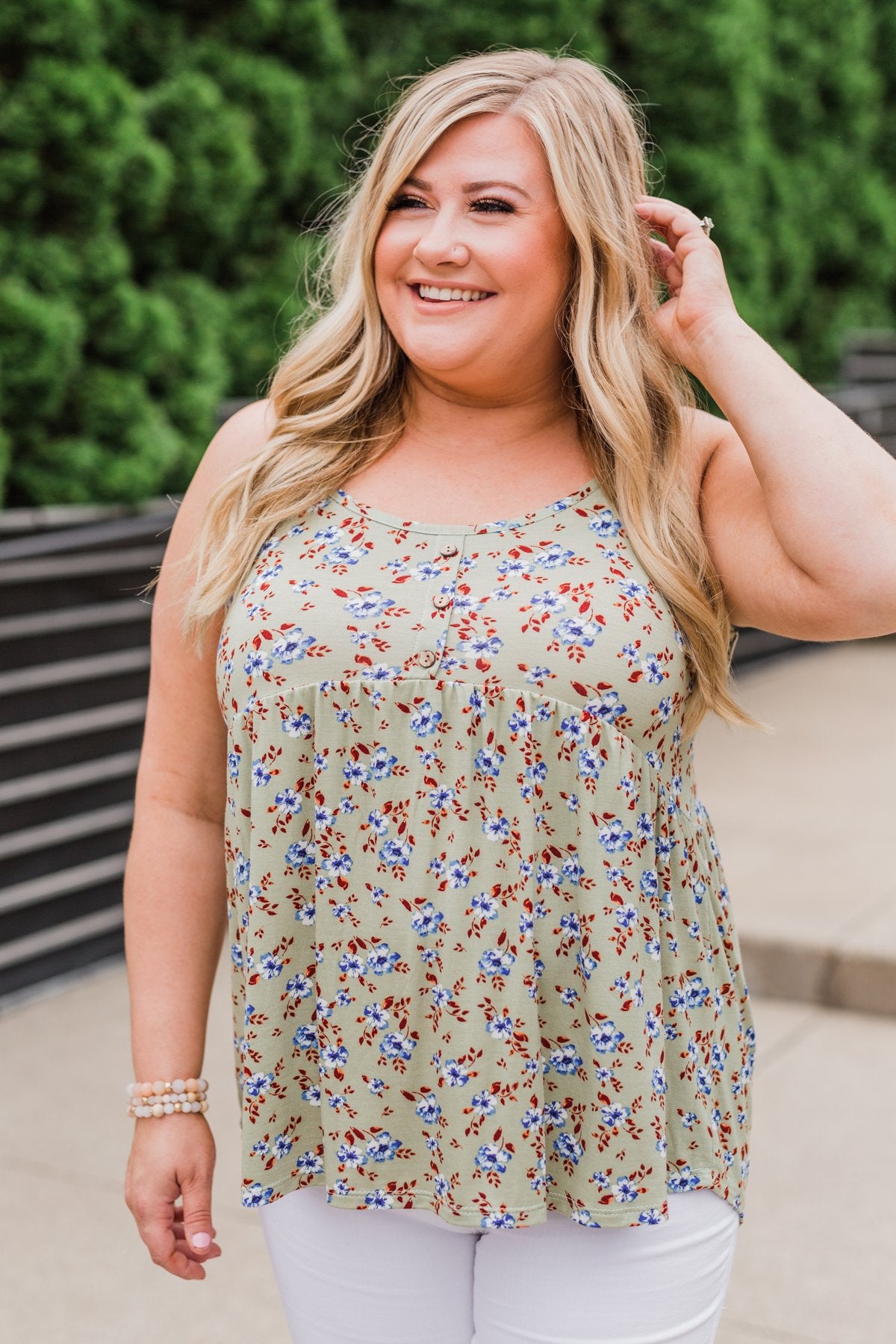 Be My Baby 3 Button Floral Babydoll Tank Top- Sage