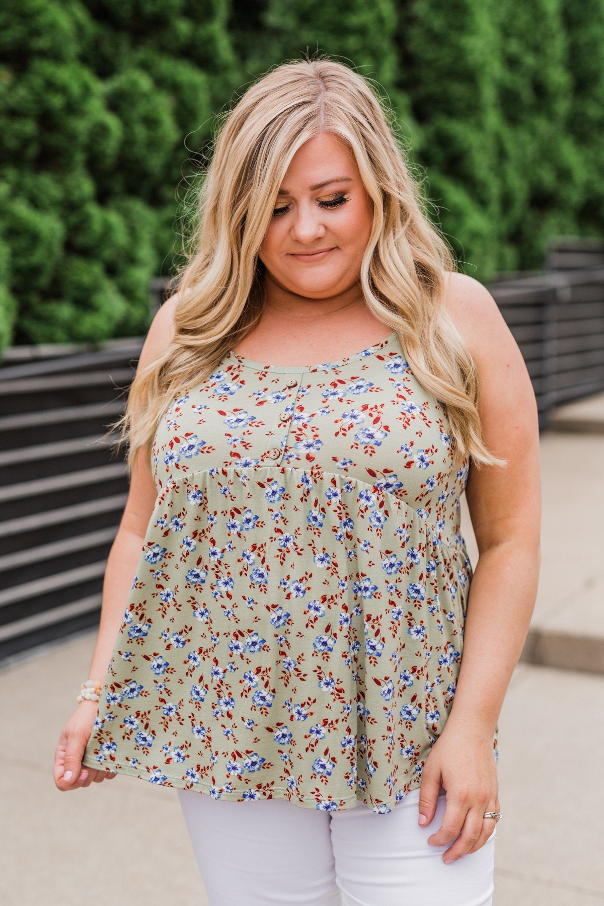 Be My Baby 3 Button Floral Babydoll Tank Top- Sage