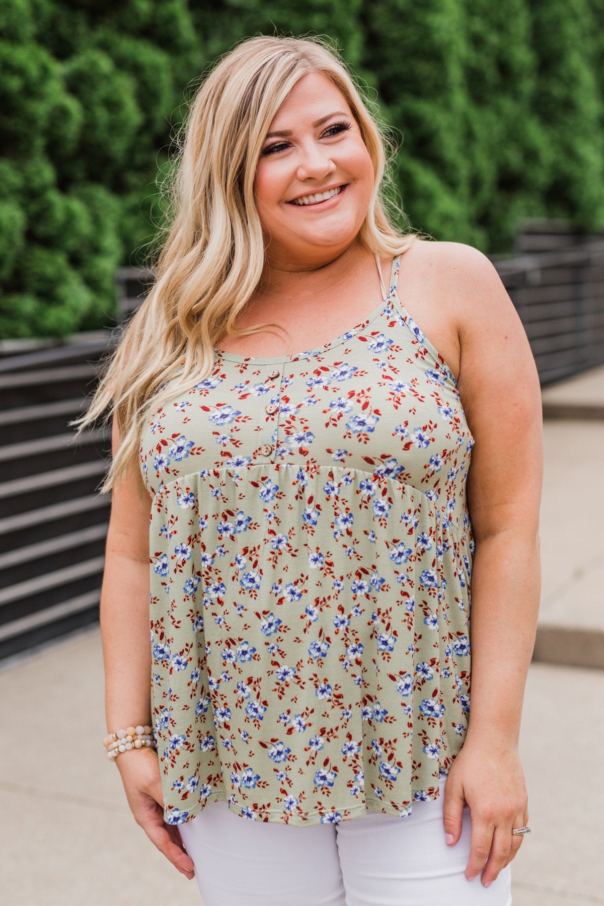 Be My Baby 3 Button Floral Babydoll Tank Top- Sage