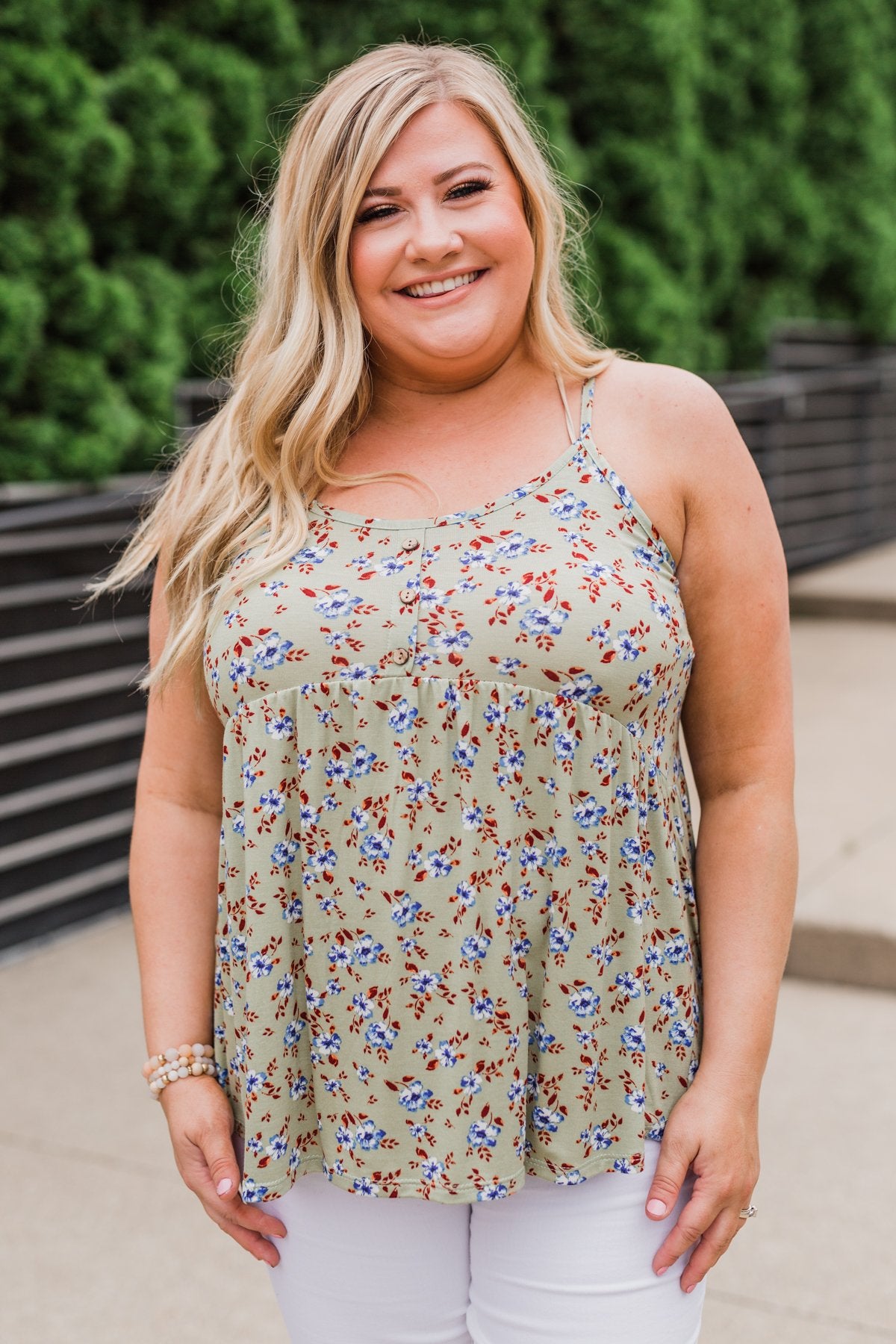 Be My Baby 3 Button Floral Babydoll Tank Top- Sage
