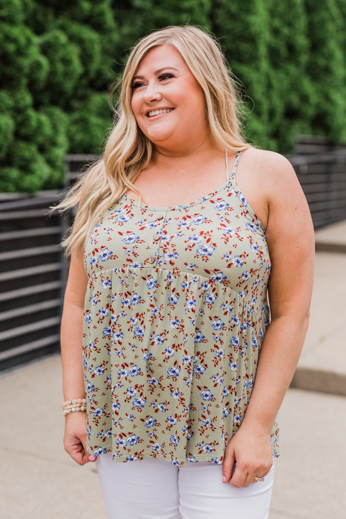 Be My Baby 3 Button Floral Babydoll Tank Top- Sage