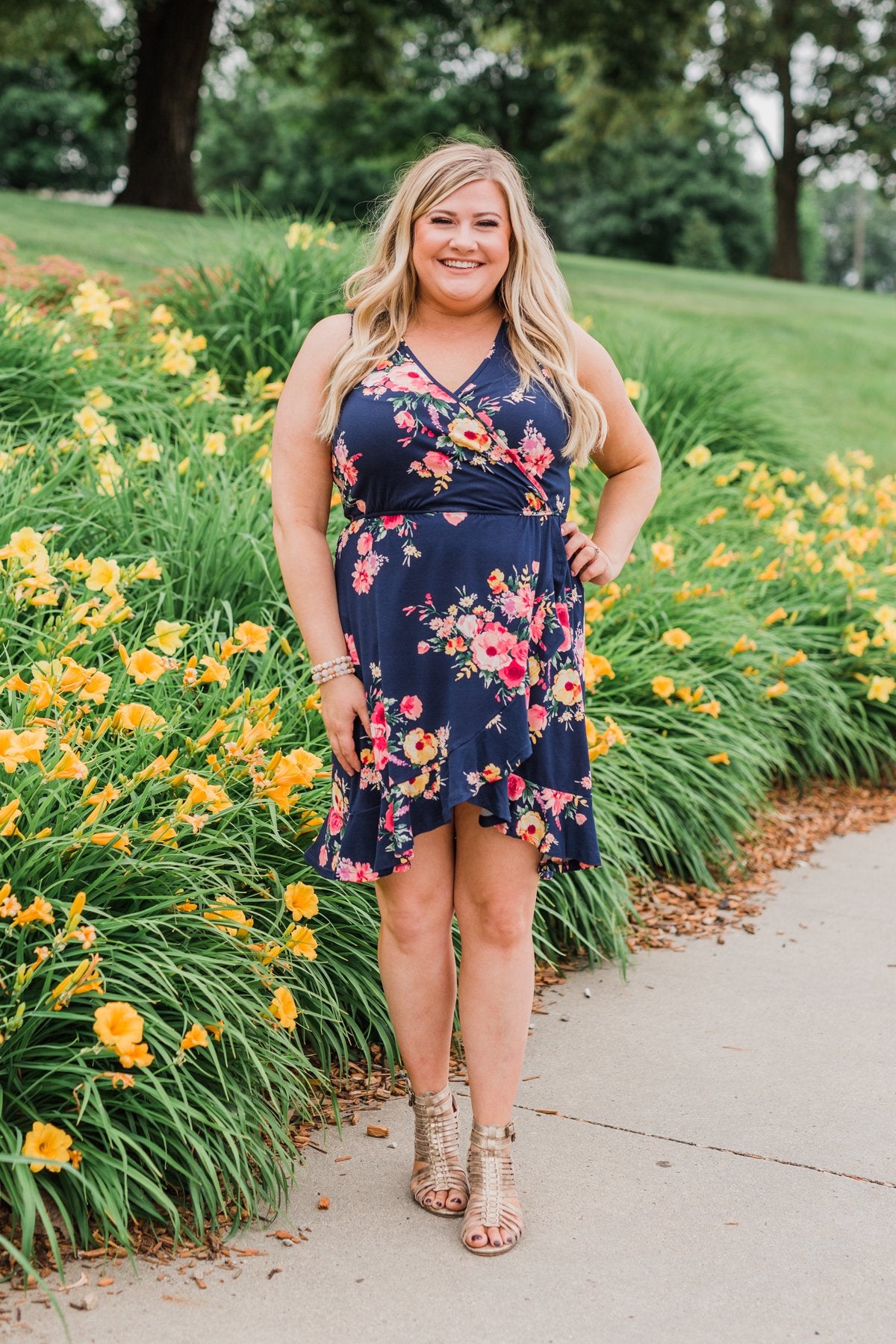 Let Me Love You Floral Wrap Dress- Navy