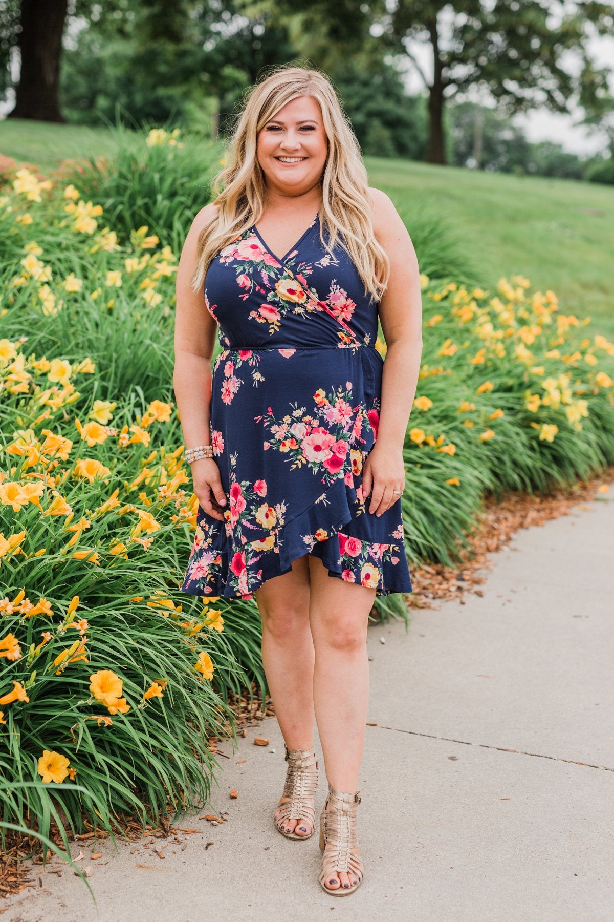 Let Me Love You Floral Wrap Dress- Navy