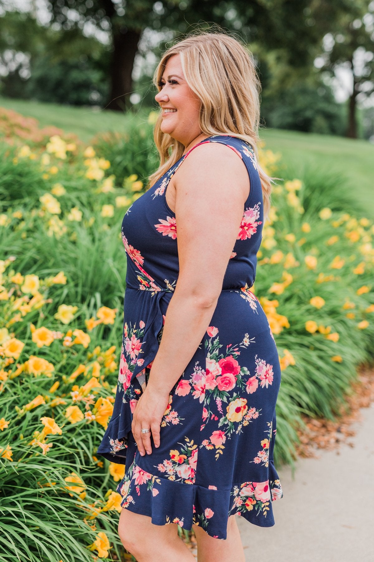 Let Me Love You Floral Wrap Dress- Navy