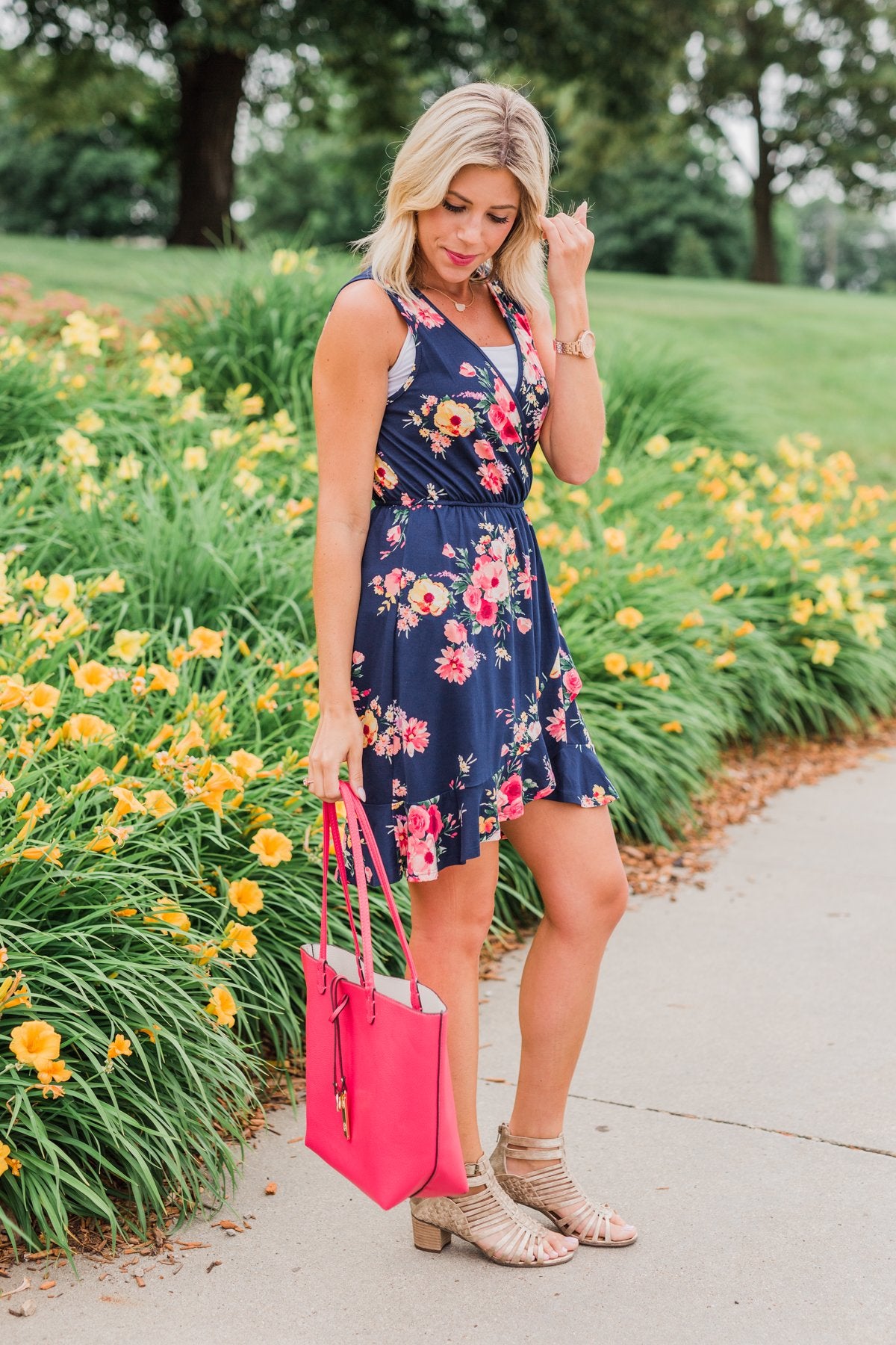 Let Me Love You Floral Wrap Dress- Navy