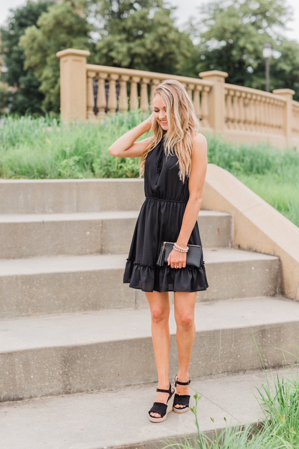 Chasing Happiness Halter Ruffle Dress- Black
