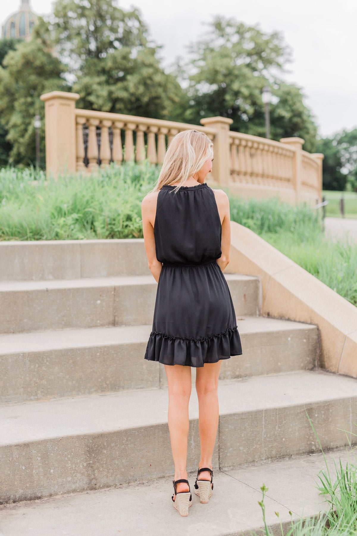 Chasing Happiness Halter Ruffle Dress- Black