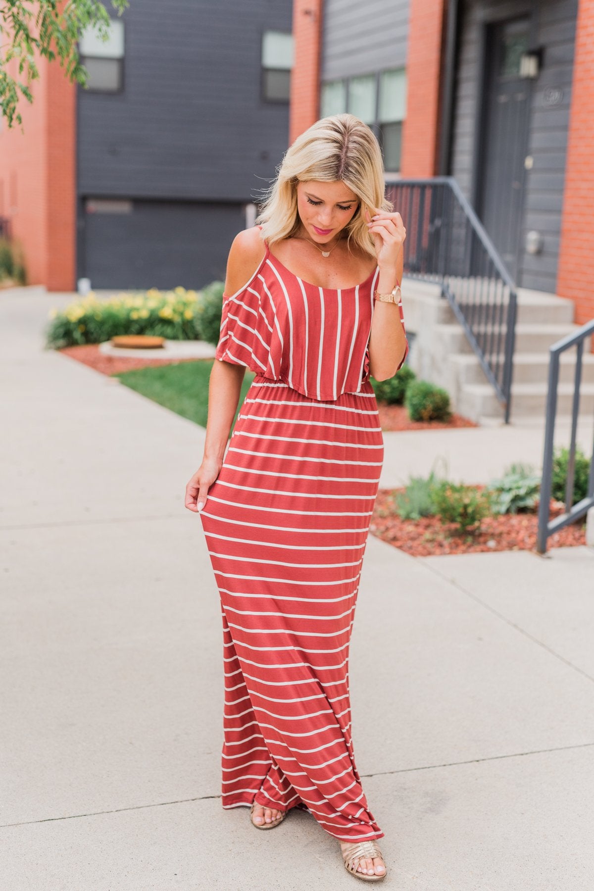 Feels Like Electricity Striped Maxi Dress- Rust