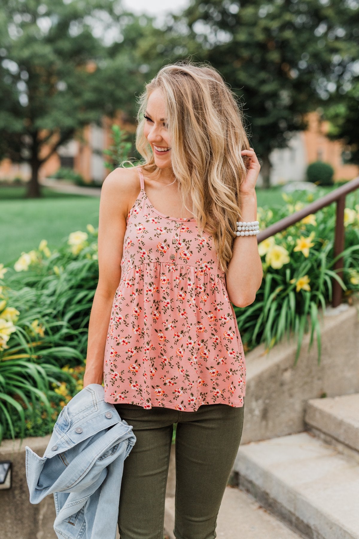 Be My Baby 3 Button Floral Babydoll Tank Top- Pink