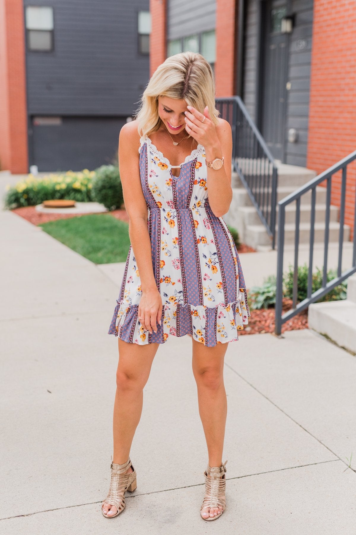 Call Me Cute Striped Floral Dress- Ivory & Dusty Blue