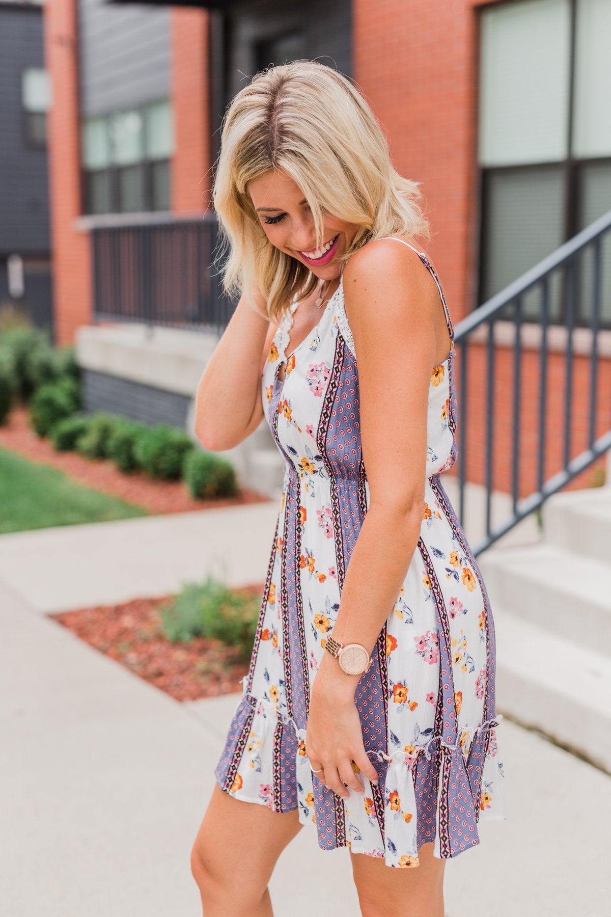 Call Me Cute Striped Floral Dress- Ivory & Dusty Blue