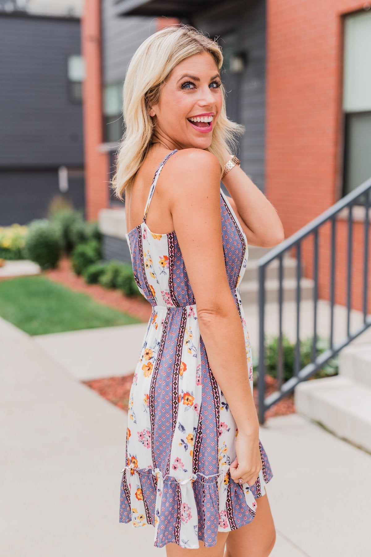 Call Me Cute Striped Floral Dress- Ivory & Dusty Blue
