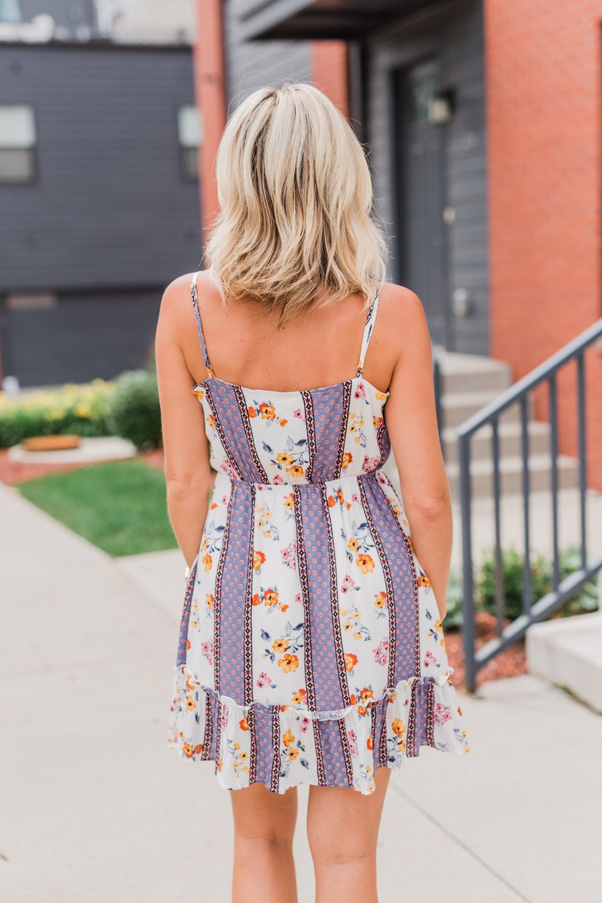 Call Me Cute Striped Floral Dress- Ivory & Dusty Blue