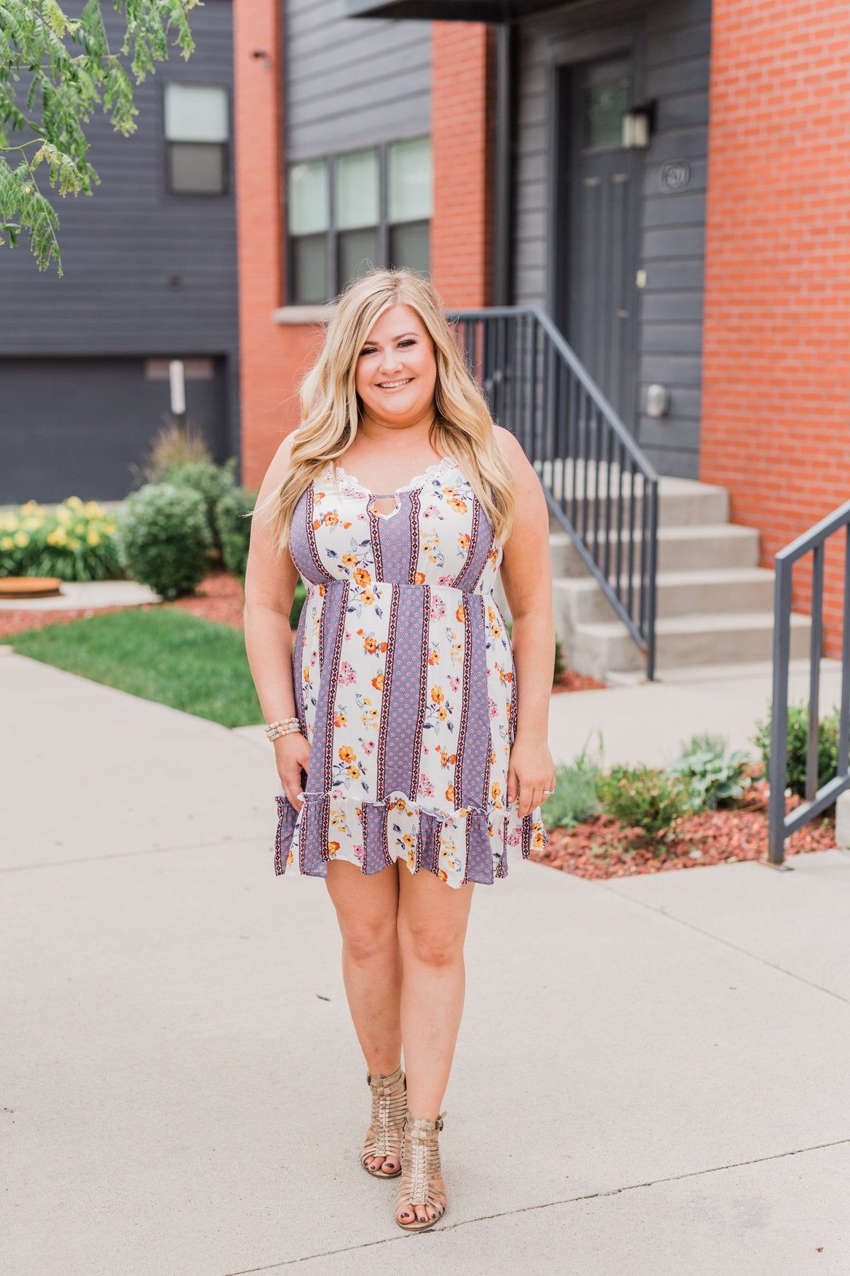 Call Me Cute Striped Floral Dress- Ivory & Dusty Blue